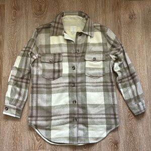 Joie neutrals beige/light purple plaid brushed shirt jacket/shacket, Medium